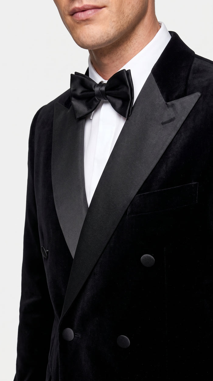 Men’s Black Velvet Double Breasted Tuxedo Blazer with Satin Peak Lapel, Formal Dinner Jacket