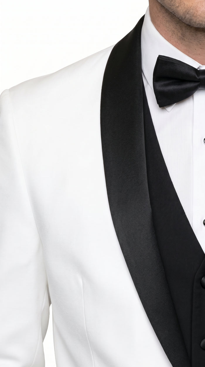 Men’s White and Black Shawl Lapel Dinner Jacket, 1 Button Wool Formal Tuxedo Blazer
