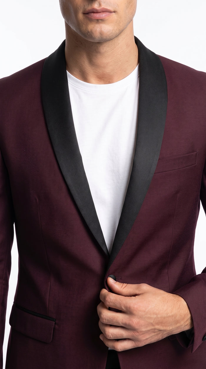 Men’s Burgundy Wool Dinner Jacket with Black Shawl Lapel, 1 Button Formal Tuxedo Blazer