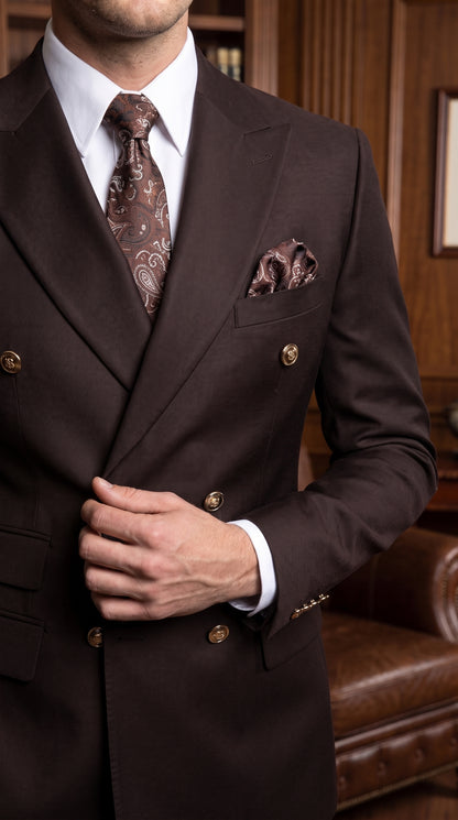 Men’s Brown Double Breasted Suit with Gold Buttons, Designer Formal Wedding Business Suit