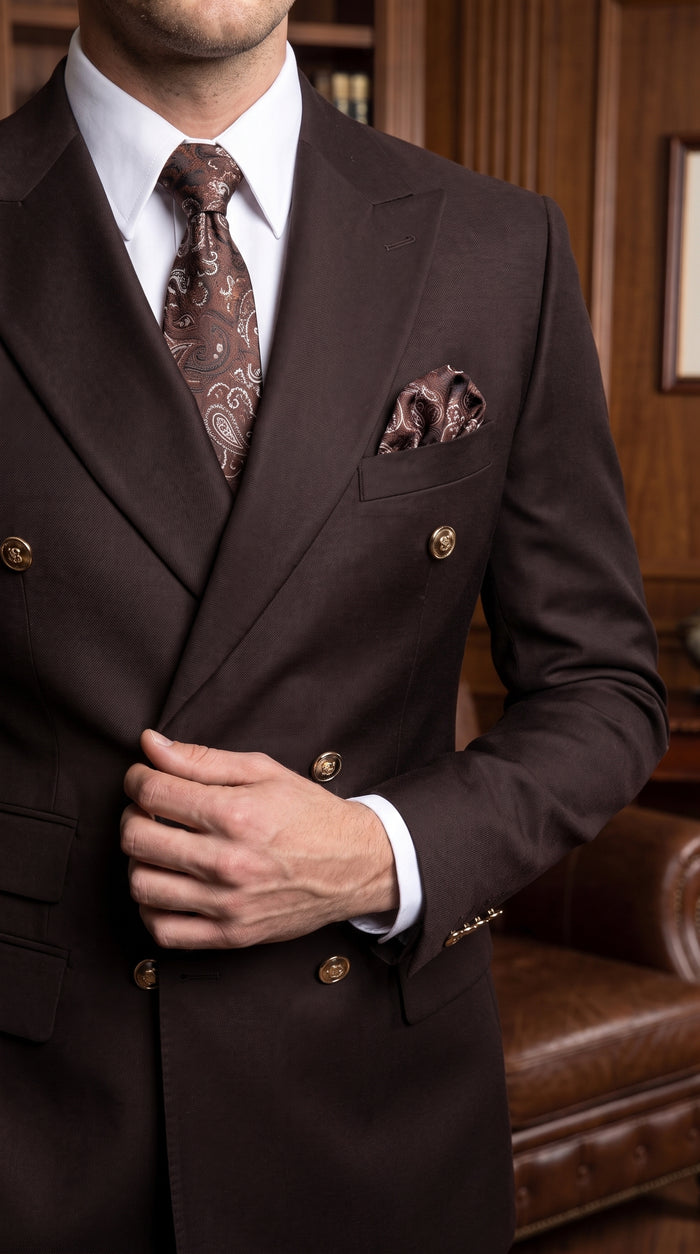 Men’s Brown Double Breasted Suit with Gold Buttons, Designer Formal Wedding Business Suit