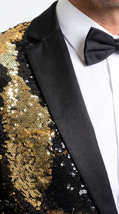 Men’s Black and Gold Reversible Sequin Blazer, Formal Party Dinner Jacket for Prom and Stage Events