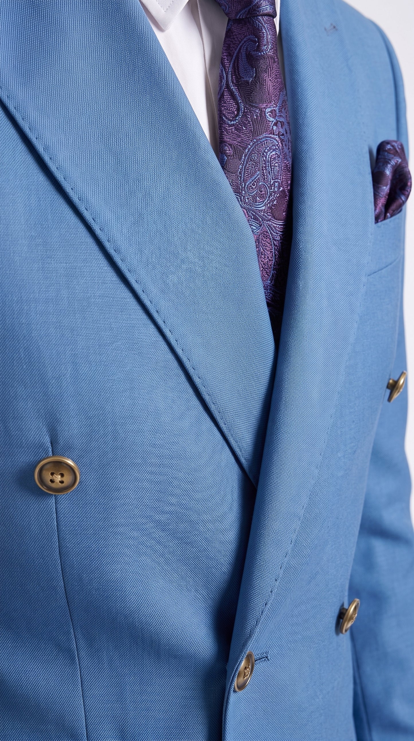 Men’s Sky Blue Double Breasted Suit with Gold Buttons, Designer Formal Wedding Business Suit