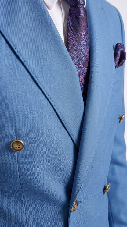 Men’s Sky Blue Double Breasted Suit with Gold Buttons, Designer Formal Wedding Business Suit