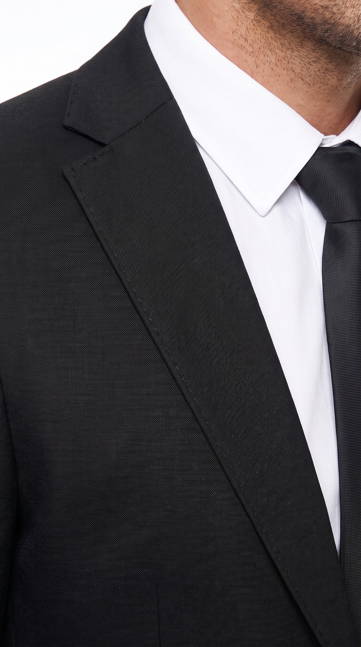 Men’s Black 2 Button Suit with Double Breasted Vest, White Shirt and Black Tie Formal Set