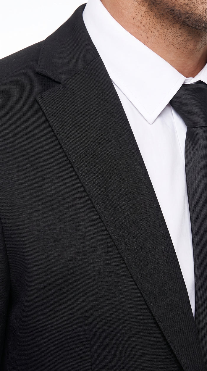 Men’s Black 2 Button Suit with Double Breasted Vest, White Shirt and Black Tie Formal Set