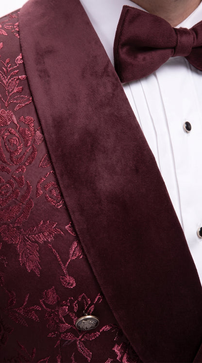 Men’s Burgundy Floral Jacquard Tuxedo Dinner Jacket, Paisley Velvet Lapel Formal Wedding Prom Blazer