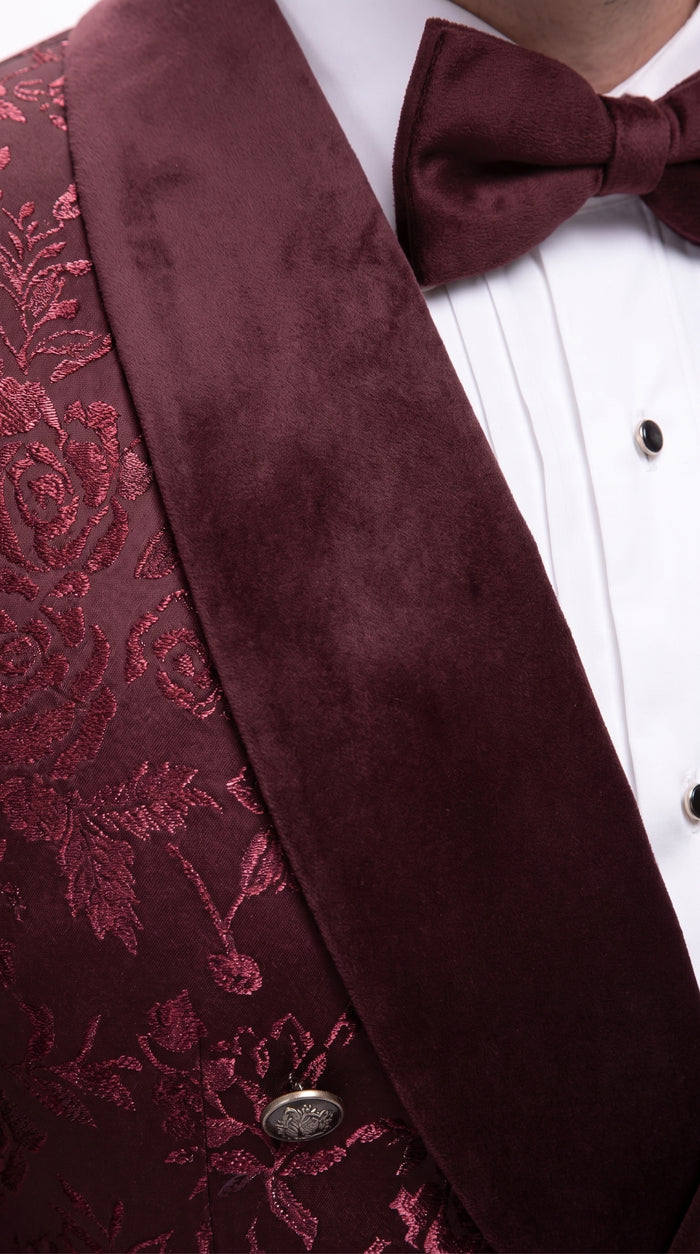 Men’s Burgundy Floral Jacquard Tuxedo Dinner Jacket, Paisley Velvet Lapel Formal Wedding Prom Blazer