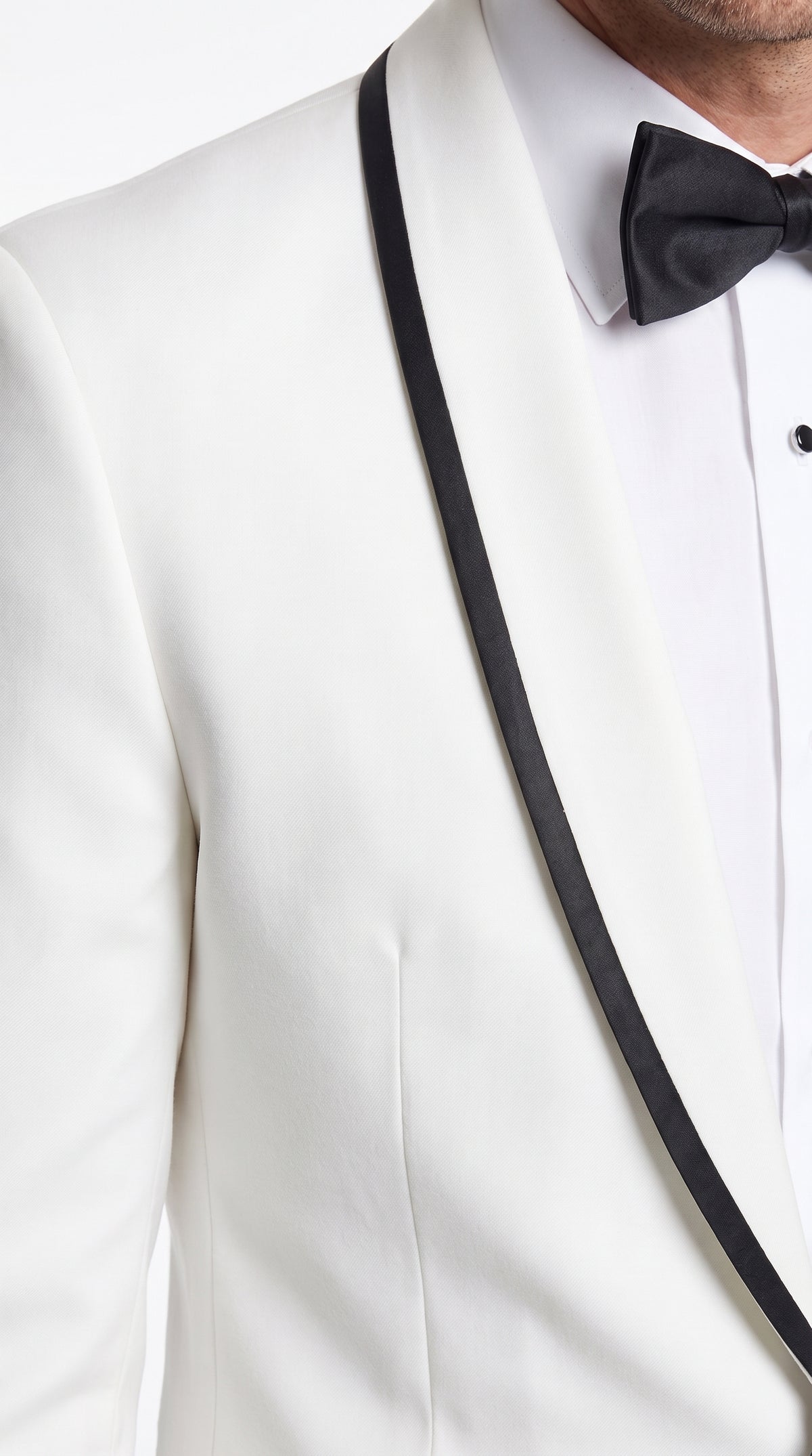 Men’s White and Black Trim Prom Tuxedo Suit, Shawl Collar Wedding Jacket with Pants and Vest