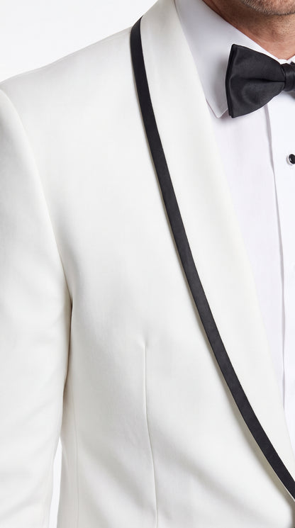 Men’s White and Black Trim Prom Tuxedo Suit, Shawl Collar Wedding Jacket with Pants and Vest