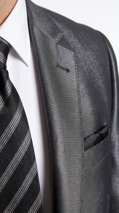 Men’s Gray Silver Sharkskin Suit, Slim Fit Shiny Formal Wedding Business Suit