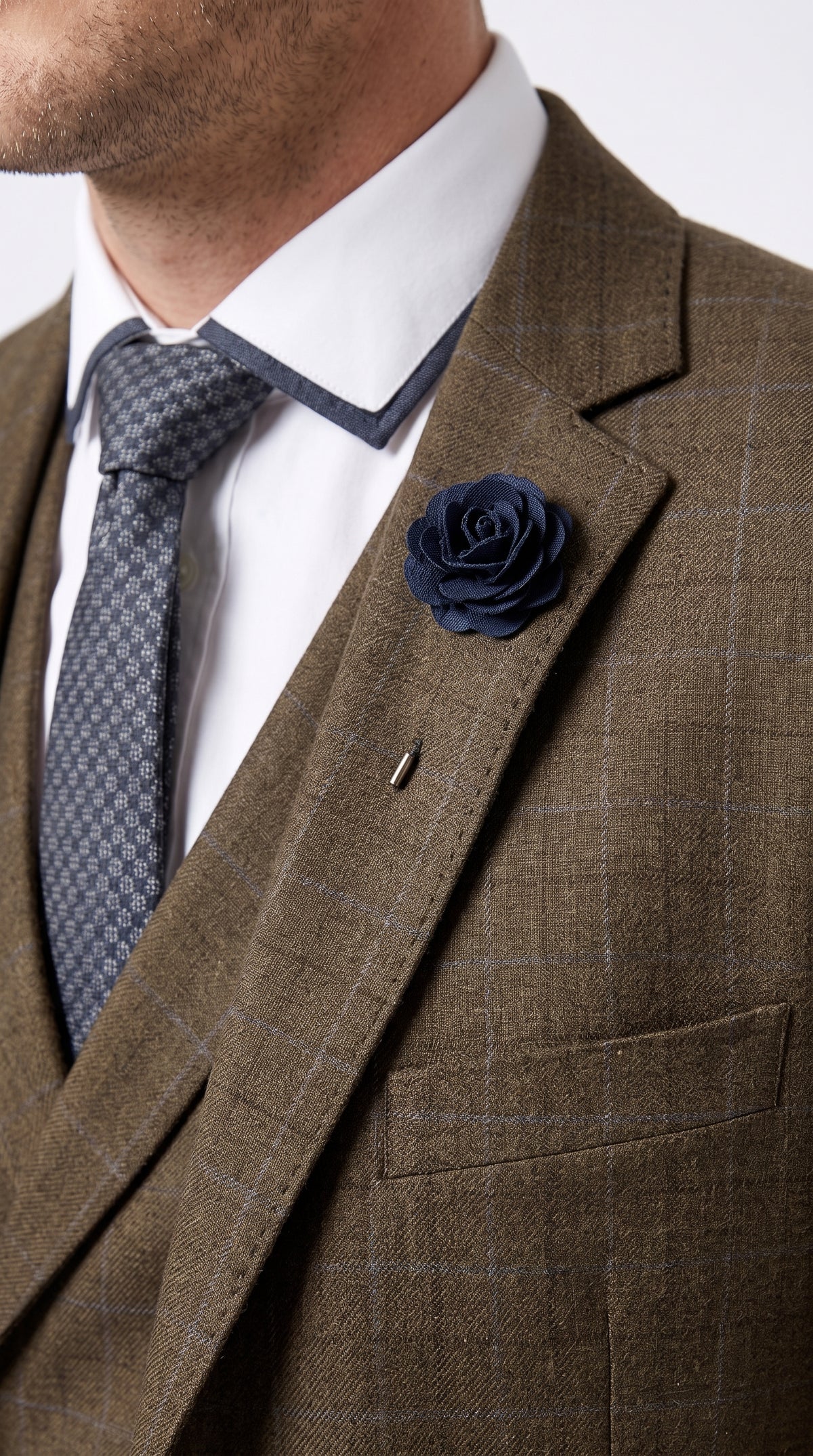 Men’s Taupe Brown Plaid 3 Piece Suit, Double Breasted Vest V2RW-13 Formal Wedding Suit