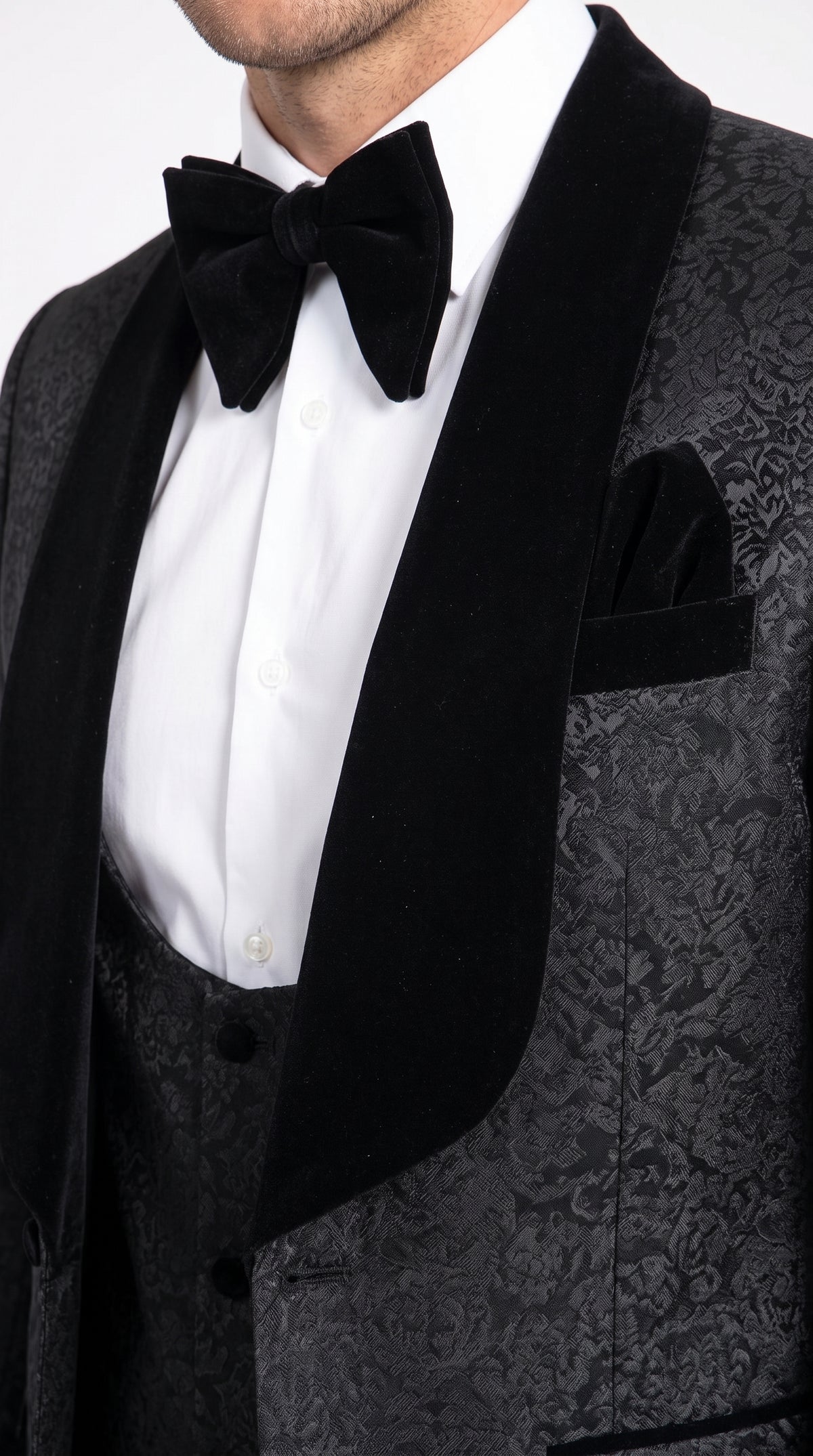 Rossi Man RM1446 Men’s Black Floral Jacquard 3 Piece Smoking Tuxedo Suit, Velvet Shawl Lapel Wedding Prom Suit