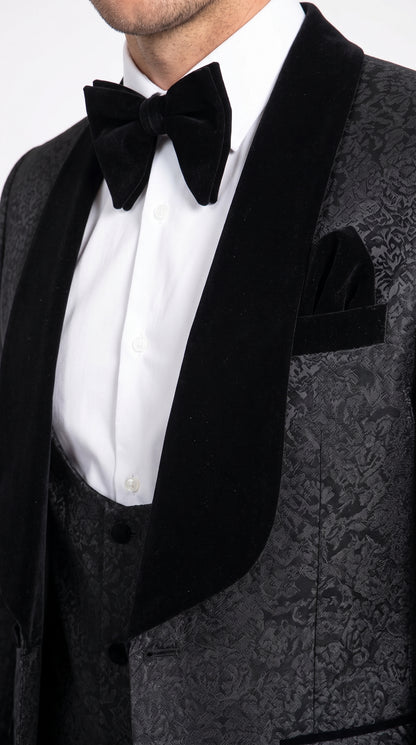 Rossi Man RM1446 Men’s Black Floral Jacquard 3 Piece Smoking Tuxedo Suit, Velvet Shawl Lapel Wedding Prom Suit