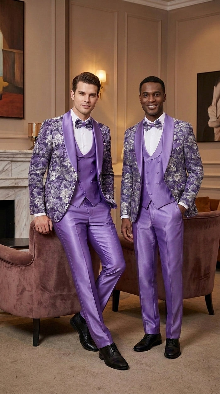 Men’s Purple Floral Prom Tuxedo – Shawl Lapel 3-Piece Wedding and Formal Suit