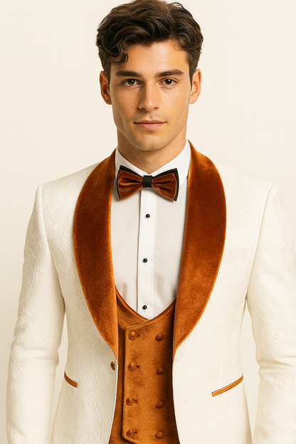 Mens Groom Wedding Shawl Collar - Paisley Burnt Orange Velvet 4pc Suit W/ Matching Bowtie