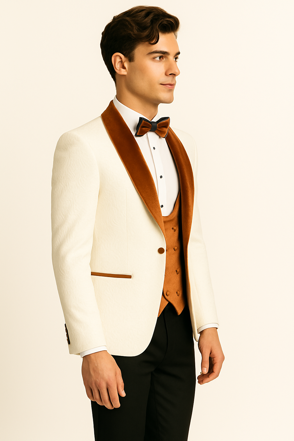 Mens Groom Wedding Shawl Collar - Paisley Burnt Orange Velvet 4pc Suit W/ Matching Bowtie