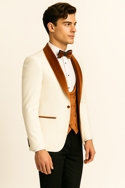 Mens Groom Wedding Shawl Collar - Paisley Burnt Orange Velvet 4pc Suit W/ Matching Bowtie