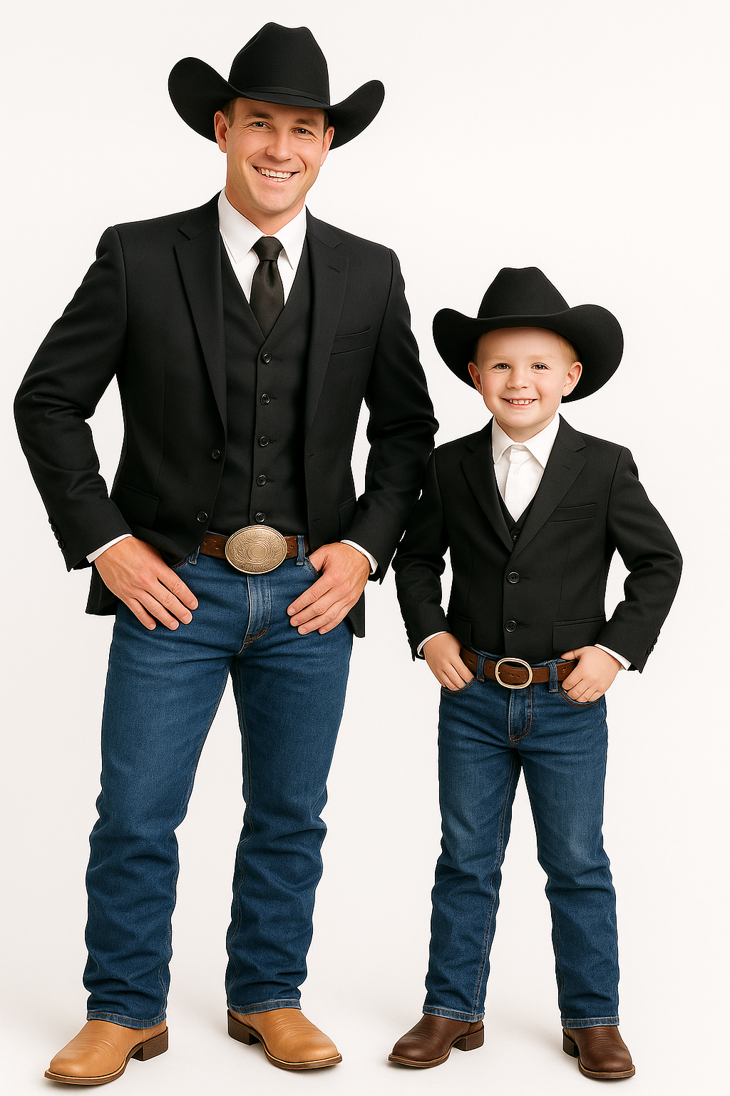 Matching Father and Son Black Western Tuxedo Blazer With Vest + Cowboy Hat Included