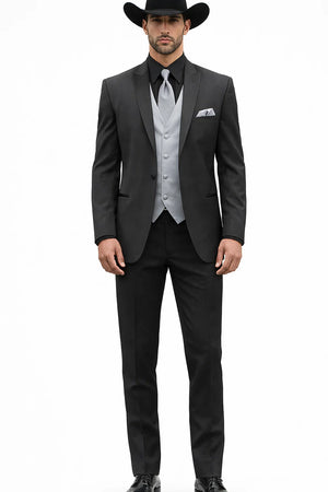 Men 2 Button Trim Cowboy in Black Cowboy Suit - Country Besom Pockets Wedding Suits
