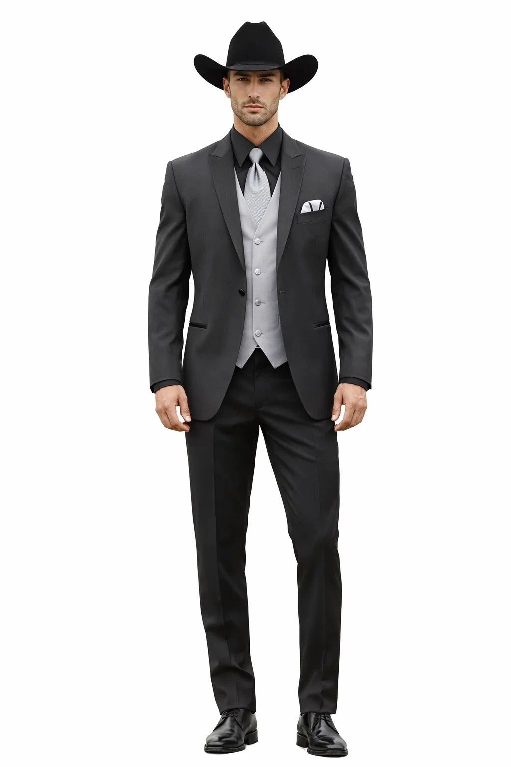 Men 2 Button Trim Cowboy in Black Cowboy Suit - Country Besom Pockets Wedding Suits