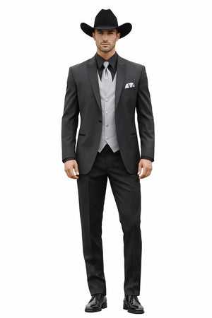 Men 2 Button Trim Cowboy in Black Cowboy Suit - Country Besom Pockets Wedding Suits