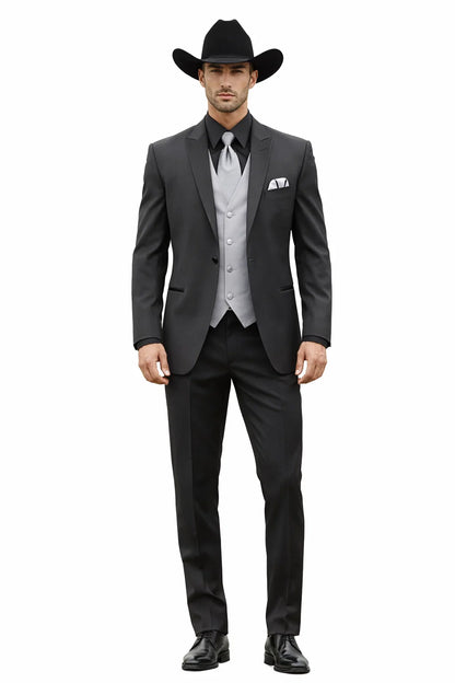 Men 2 Button Trim Cowboy in Black Cowboy Suit - Country Besom Pockets Wedding Suits