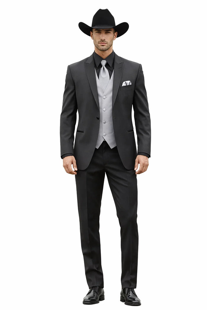 Men 2 Button Trim Cowboy in Black Cowboy Suit - Country Besom Pockets Wedding Suits
