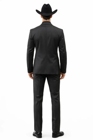 Men 2 Button Trim Cowboy in Black Cowboy Suit - Country Besom Pockets Wedding Suits