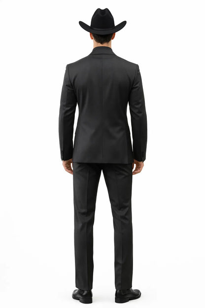 Men 2 Button Trim Cowboy in Black Cowboy Suit - Country Besom Pockets Wedding Suits