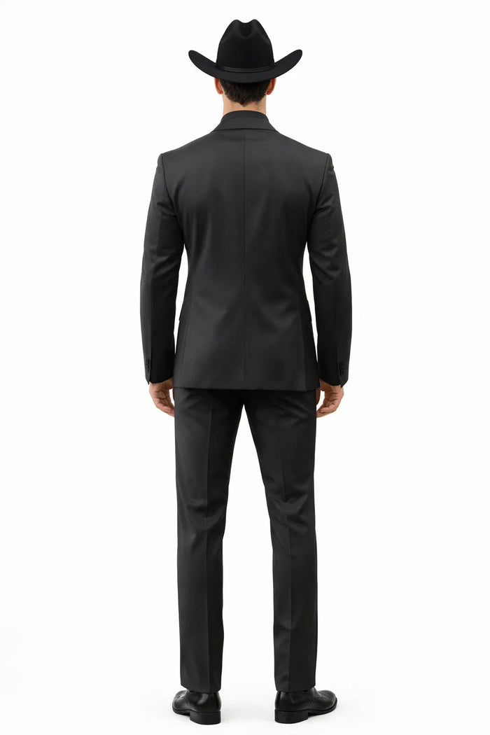 Men 2 Button Trim Cowboy in Black Cowboy Suit - Country Besom Pockets Wedding Suits