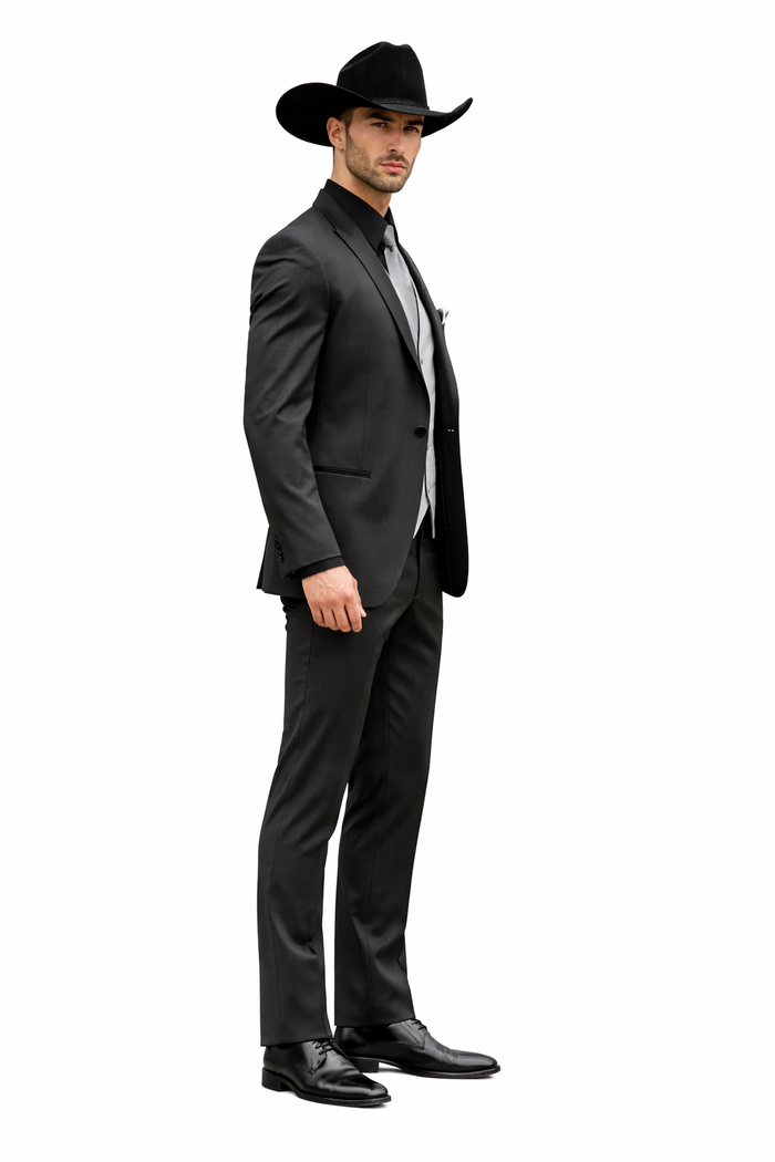 Men 2 Button Trim Cowboy in Black Cowboy Suit - Country Besom Pockets Wedding Suits