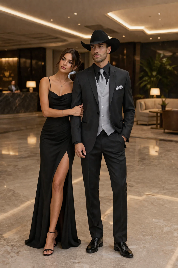 Men 2 Button Trim Cowboy in Black Cowboy Suit - Country Besom Pockets Wedding Suits