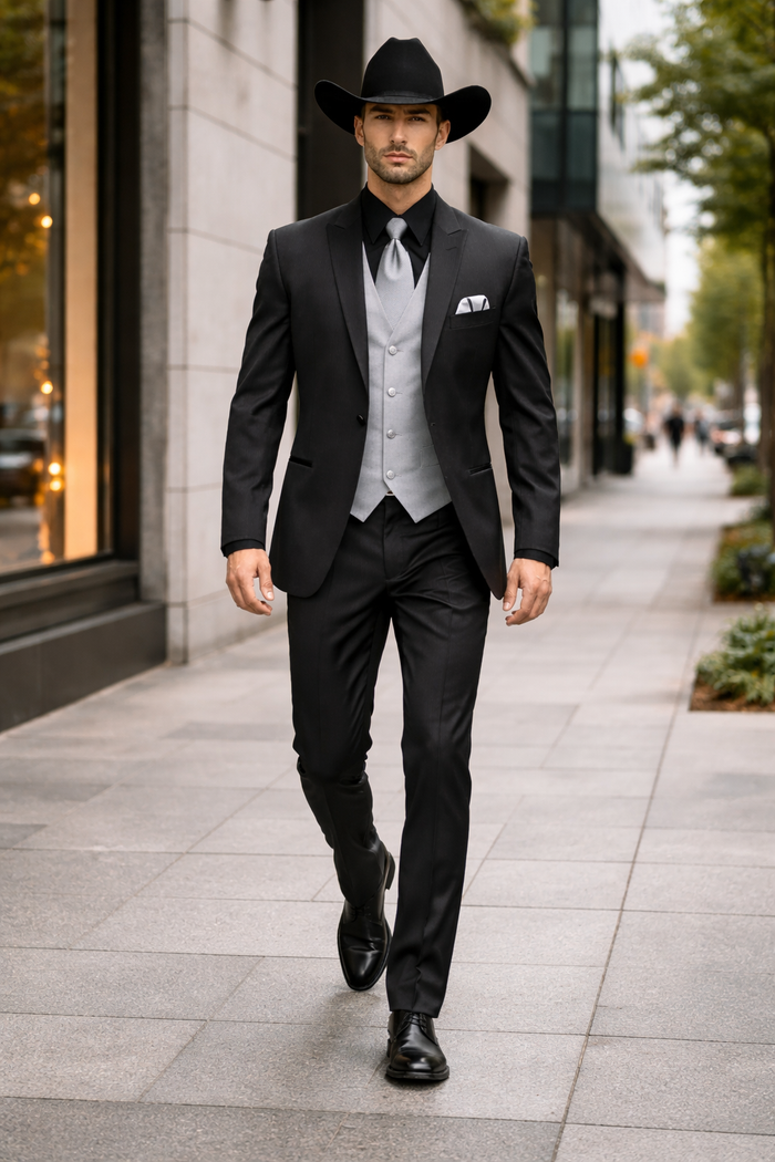Men 2 Button Trim Cowboy in Black Cowboy Suit - Country Besom Pockets Wedding Suits