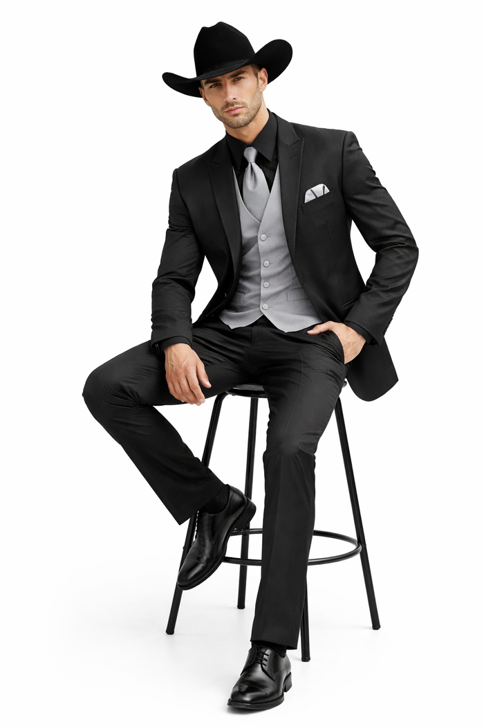 Men 2 Button Trim Cowboy in Black Cowboy Suit - Country Besom Pockets Wedding Suits