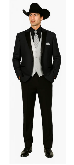 Men 2 Button Trim Cowboy in Black Cowboy Suit - Country Besom Pockets Wedding Suits