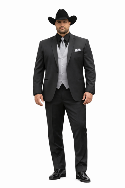 Men 2 Button Trim Cowboy in Black Cowboy Suit - Country Besom Pockets Wedding Suits