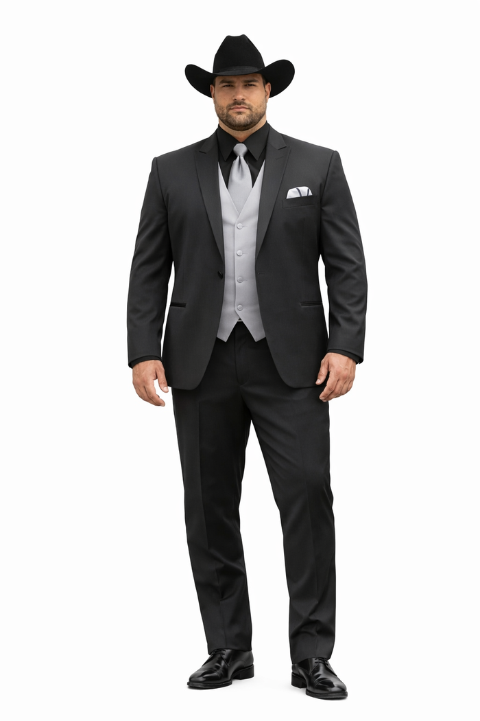 Men 2 Button Trim Cowboy in Black Cowboy Suit - Country Besom Pockets Wedding Suits