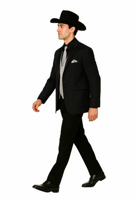 Men 2 Button Trim Cowboy in Black Cowboy Suit - Country Besom Pockets Wedding Suits