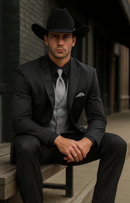 Men 2 Button Trim Cowboy in Black Cowboy Suit - Country Besom Pockets Wedding Suits