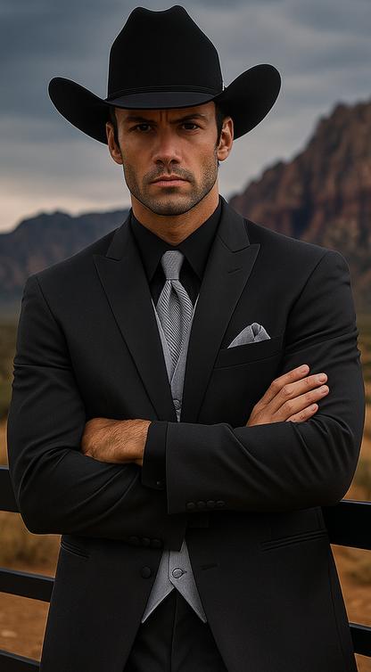 Men 2 Button Trim Cowboy in Black Cowboy Suit - Country Besom Pockets Wedding Suits