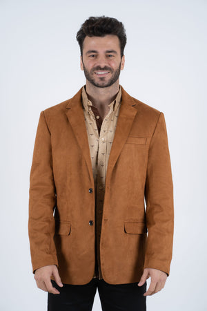 Men’s Camel Faux Suede Double Button Blazer – Stylish Casual Sport Coat