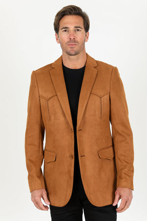 Men’s Double-Button Faux Suede Blazer in Camel