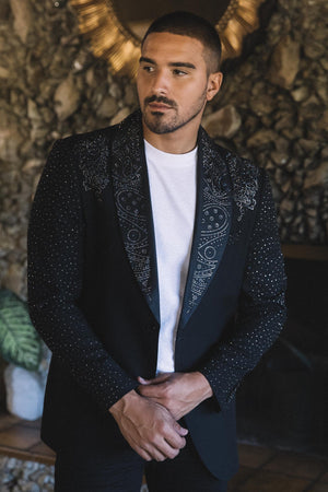 Men’s Black Sparkle Rhinestone Blazer – Slim Fit Double Button Coat