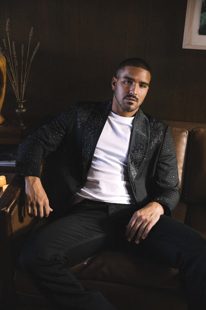 Men’s Black Sparkle Rhinestone Blazer – Slim Fit Double Button Coat