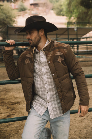 Men’s Quilted Twill Jacket with Aztec Print and Fur Lining – Brown