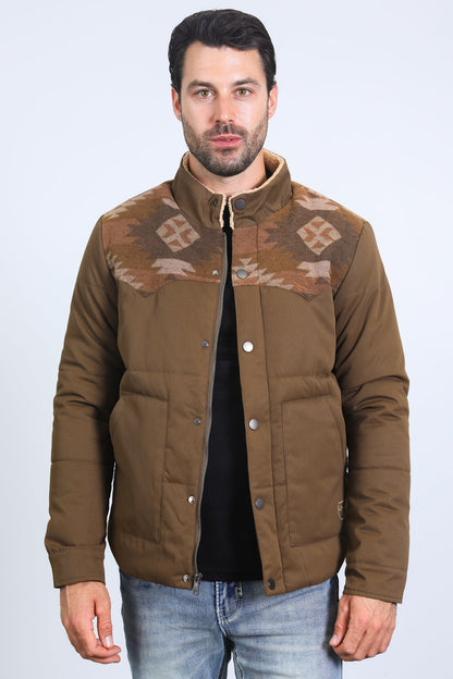 Men’s Quilted Twill Jacket with Aztec Print and Fur Lining – Brown