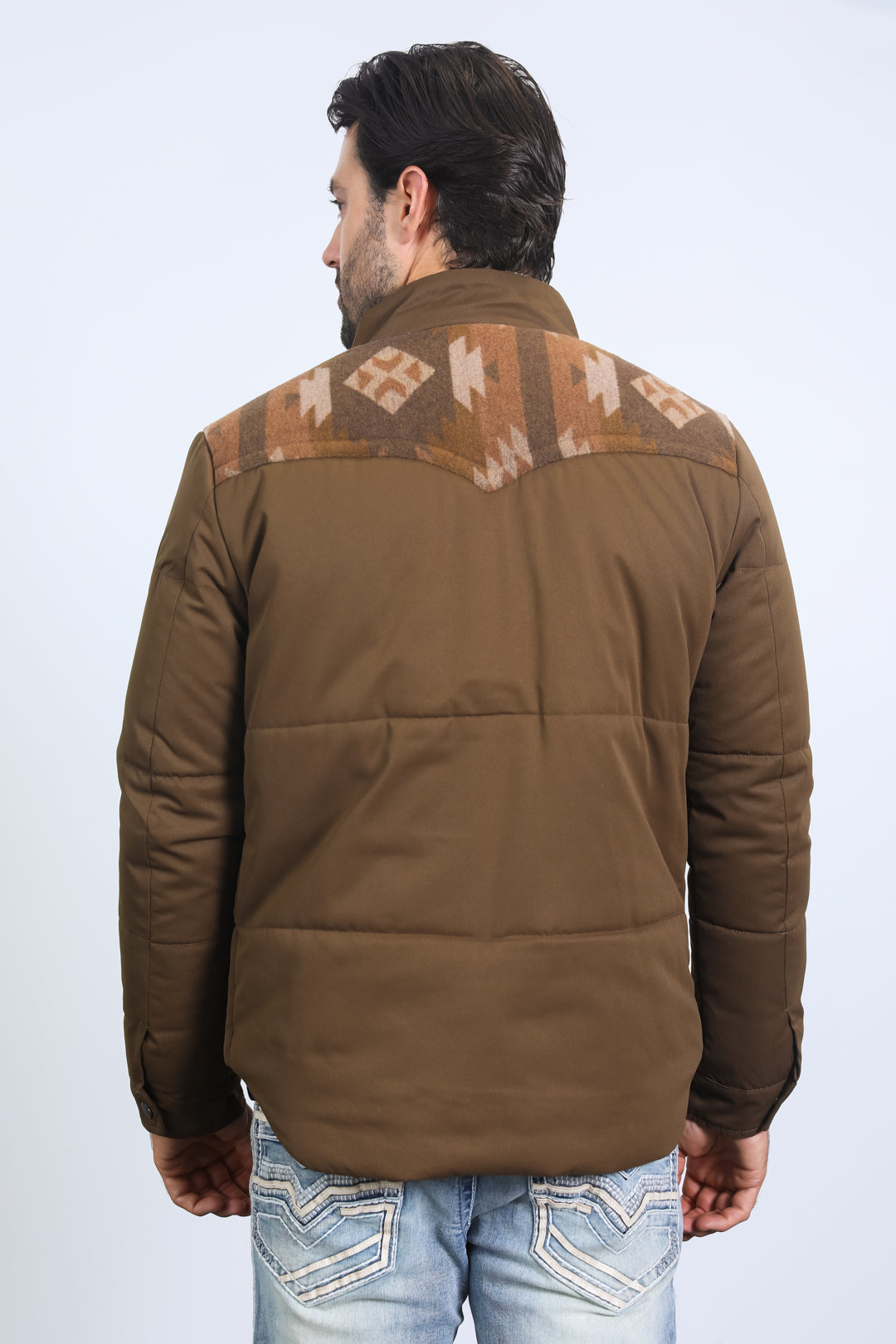 Men’s Quilted Twill Jacket with Aztec Print and Fur Lining – Brown