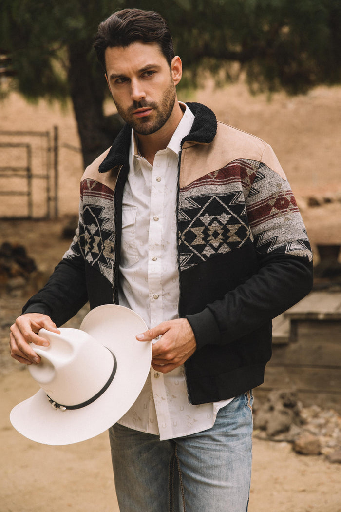Men’s Tribal Aztec Quilted Jacket – Black & Beige Twill with Suede Touch