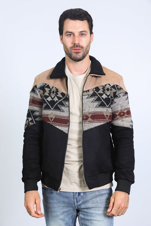 Men’s Tribal Aztec Quilted Jacket – Black & Beige Twill with Suede Touch